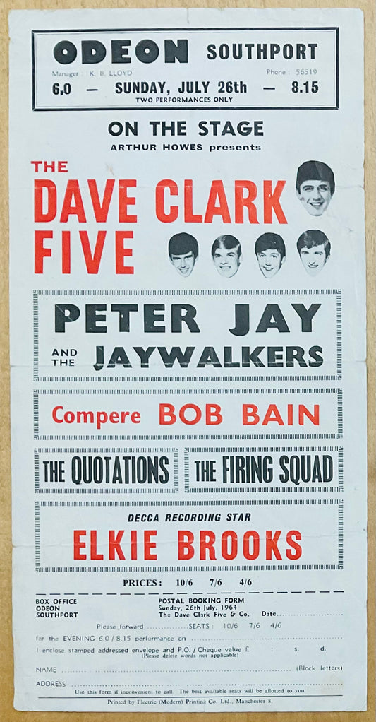 Dave Clark Five Peter Jay Original Concert Handbill Flyer Odeon Theatre Southport 26th Jul 1964