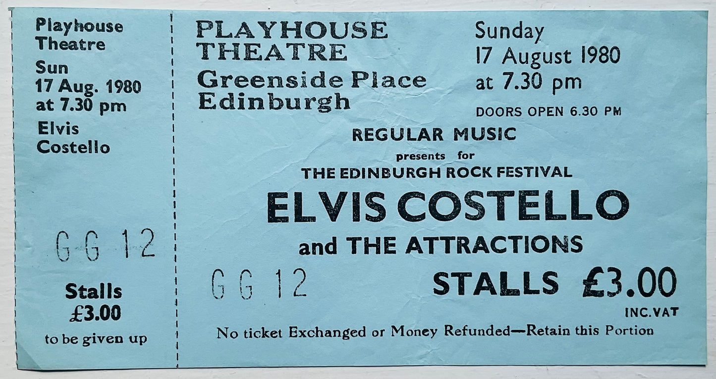 Elvis Costello Original Unused Concert Ticket Playhouse Theatre Edinburgh 17th Aug 1980