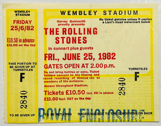 Rolling Stones Original Unused Concert Ticket Wembley Stadium London 25th Jun 1982