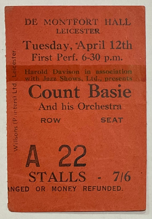 Count Basie Original Used Concert Ticket De Montfort Hall Leicester 12th Apr 1960