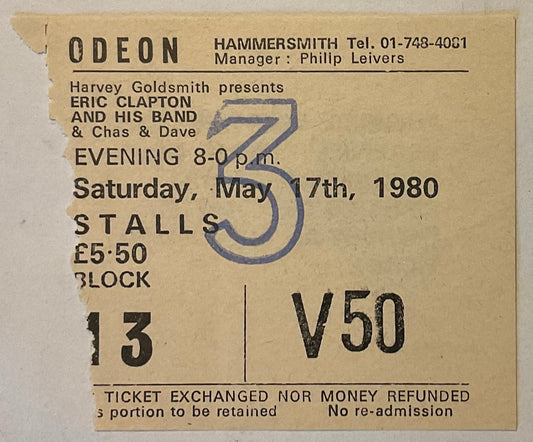 Eric Clapton Original Used Concert Ticket Hammersmith Odeon London 17th May 1980