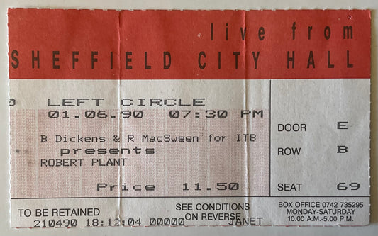Led Zeppelin Robert Plant Original Used Concert Ticket City Hall Sheffield 1st Jun 1990