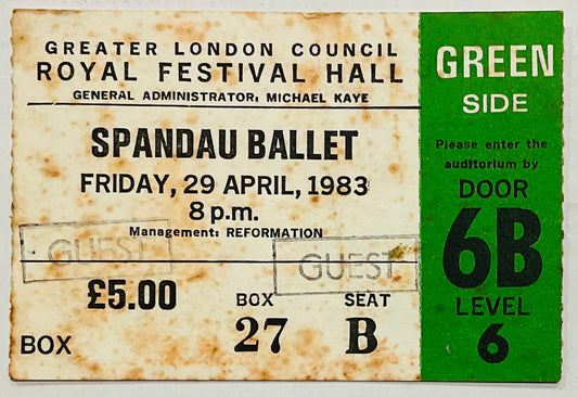 Spandau Ballet Original Used Concert Ticket Royal Festival Hall London 29th Apr 1983
