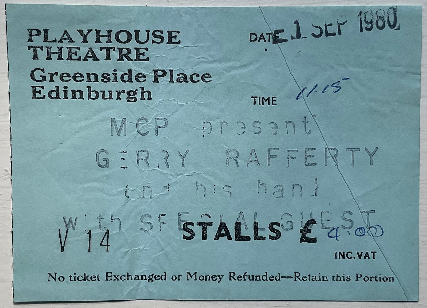 Gerry Rafferty Used Concert Ticket Playhouse Theatre Edinburgh 1st Sep 1980