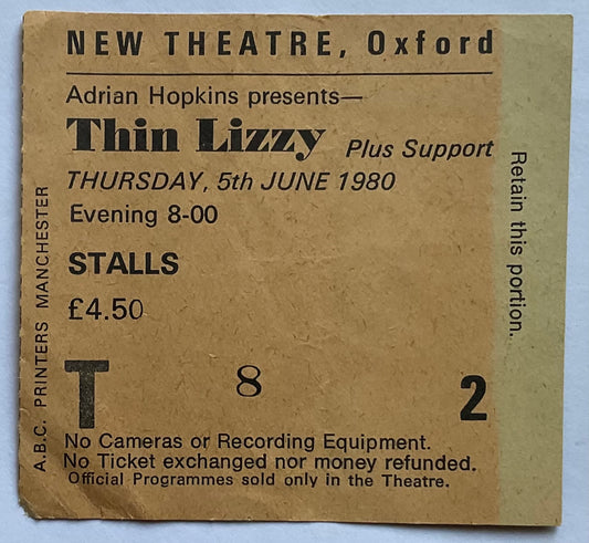 Thin Lizzy Original Used Concert Ticket New Theatre Oxford 5th Jun 1980