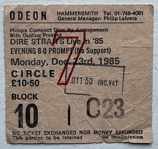 Dire Straits Original Used Concert Ticket Hammersmith Odeon London 23rd Dec 1985