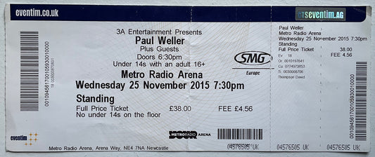 Paul Weller Original Unused Concert Ticket Metro Radio Arena Newcastle 25th Nov 2015