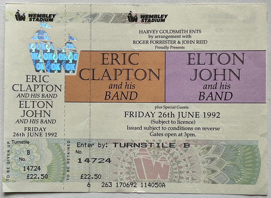 Eric Clapton Elton John Original Unused Concert Ticket Wembley Stadium London 26th June 1992