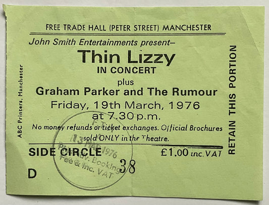 Thin Lizzy Original Used Concert Ticket Free Trade Hall Manchester 19th Mar 1976