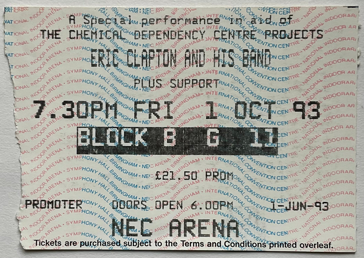 Eric Clapton Original Used Concert Ticket NEC Arena Birmingham 1st Oct 1993