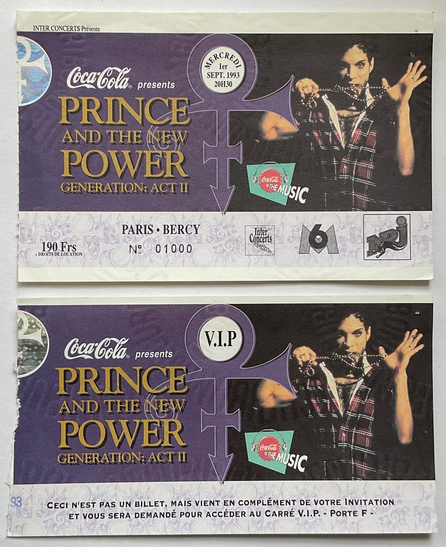 Prince Original Used Concert Ticket & VIP Pass Palais Omnisports de Paris Bercy 1st Sep 1993