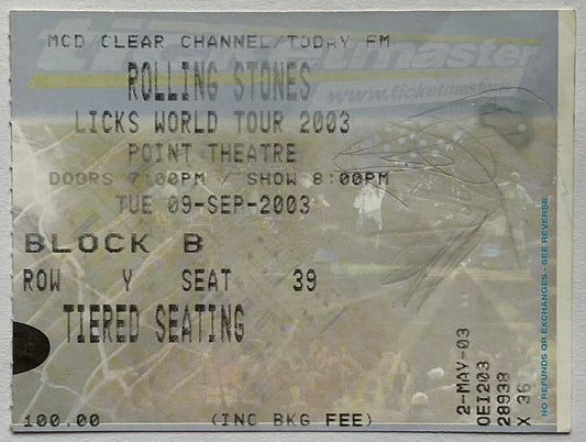 Rolling Stones Original Used Concert Ticket MEN Point Theatre Dublin 9th Sep 2003