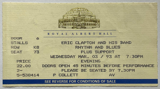 Eric Clapton Original Used Concert Ticket Royal Albert Hall London 3rd March 1993