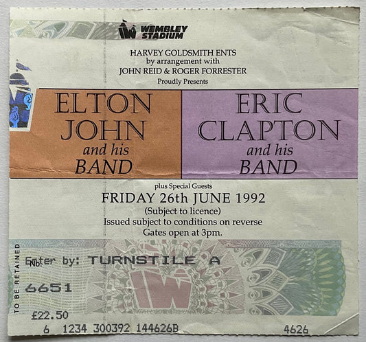 Eric Clapton Elton John Original Used Concert Ticket Wembley Stadium London 26th June 1992