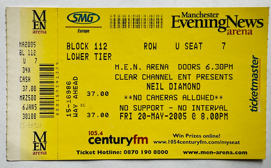 Neil Diamond Original Unused Concert Ticket MEN Arena Manchester 20th May 2005
