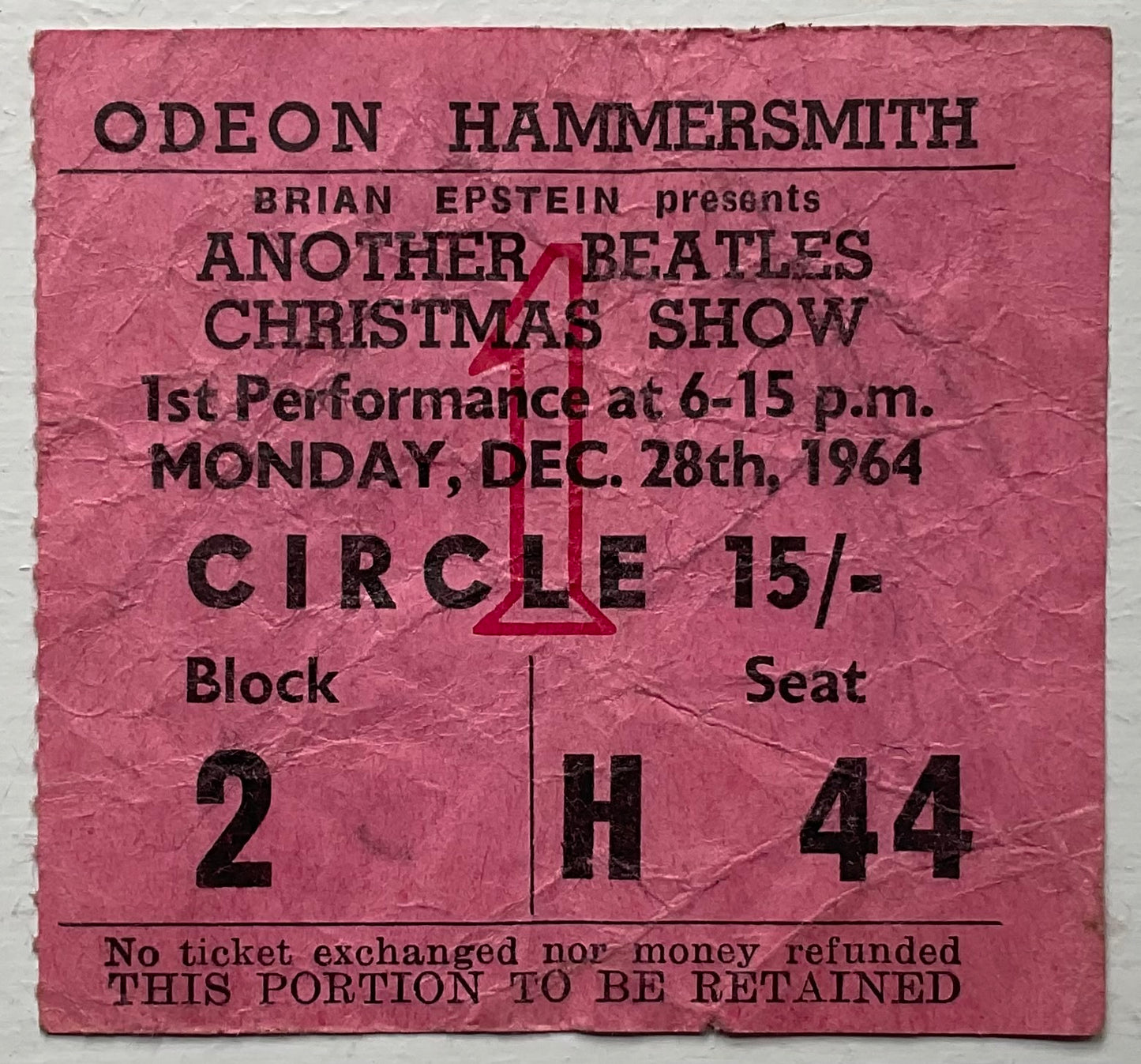 Beatles Original Used Concert Ticket Hammersmith Odeon London 28th Dec 1964