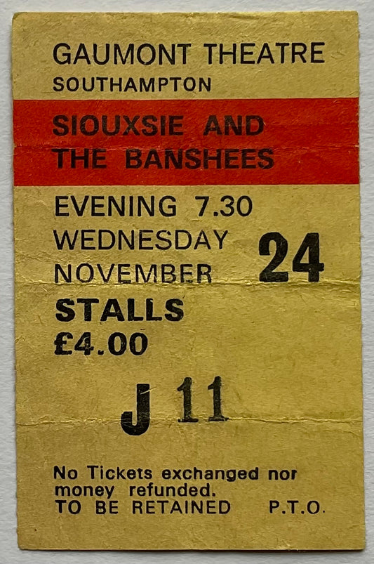 Siouxsie & the Banshees Original Used Concert Ticket Gaumont Theatre Southampton 24th Nov 1982