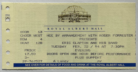 Eric Clapton Original Used Concert Ticket Royal Albert Hall London 22nd Feb 1994