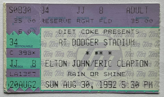 Eric Clapton Original Used Concert Ticket Dodger Stadium Los Angeles 30th Aug 1992