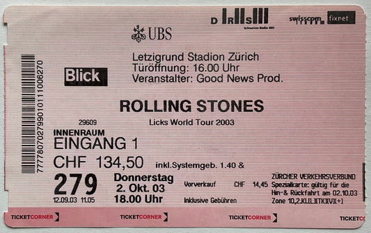 Rolling Stones Original Used Concert Ticket Letzigrund Stadion Zurich 2nd Oct 2003