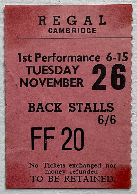 Beatles Original Used Concert Ticket Regal Theatre Cambridge 26th Nov 1963