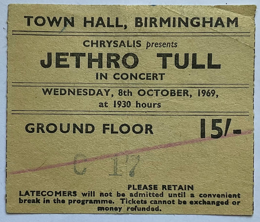 Jethro Tull Original Used Concert Ticket Town Hall Birmingham 8th Oct 1969