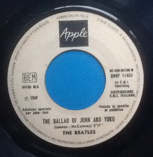 Beatles The Ballad of John and Yoko 2 Track 7" NMint Jukebox Single Italy 1969