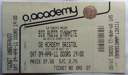 Big Audio Dynamite Original Unused Concert Ticket O2 Academy Bristol 2011