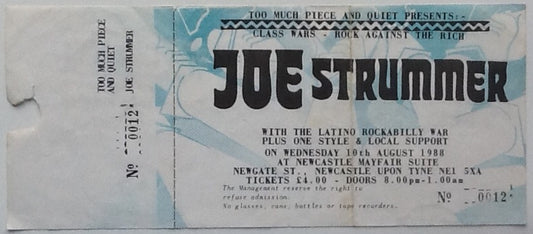 Clash Joe Strummer Original Unused Concert Ticket Mayfair Suite Newcastle 1988