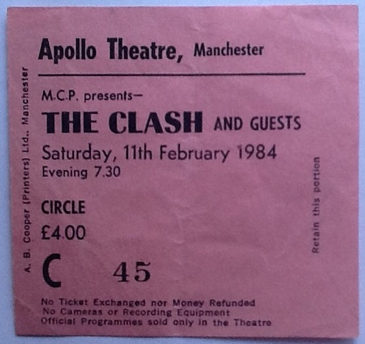 Clash Original Used Concert Ticket Apollo Theatre Manchester 1984