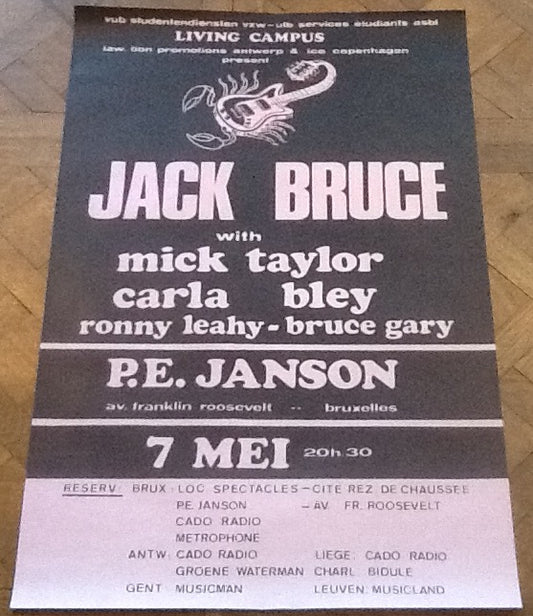 Jack Bruce Mick Taylor Original Concert Tour Gig Poster P.E. Janson Brussels 1975