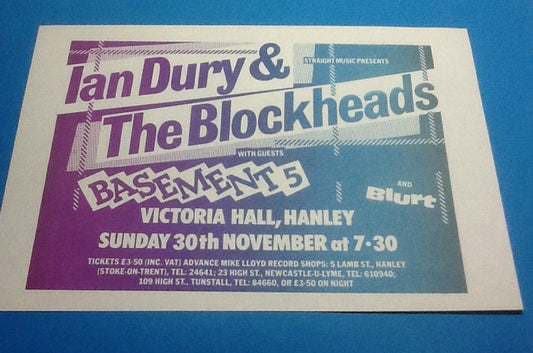 Ian Dury & the Blockheads Original Handbill Flyer Victoria Hall Hanley 30th Nov 1980