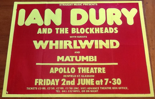 Ian Dury & the Blockheads Original Concert Tour Gig Poster Apollo Theatre Glasgow 1978