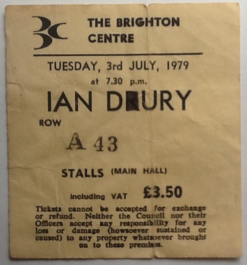 Ian Dury & The Blockheads Original Used Concert Ticket Brighton Centre 1979
