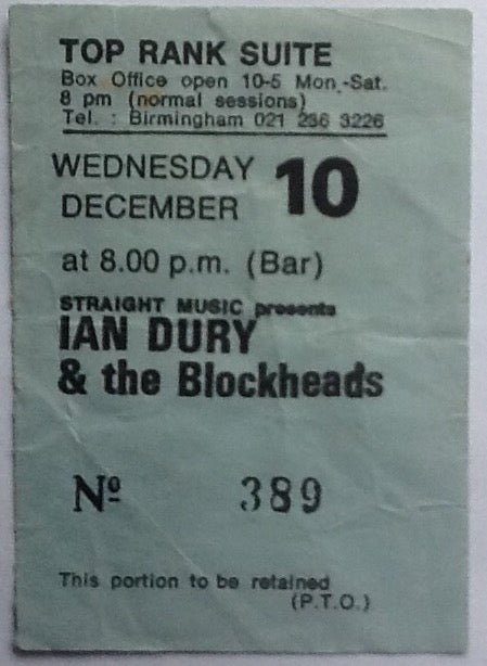 Ian Dury & the Blockheads Original Used Concert Ticket Birmingham 1980