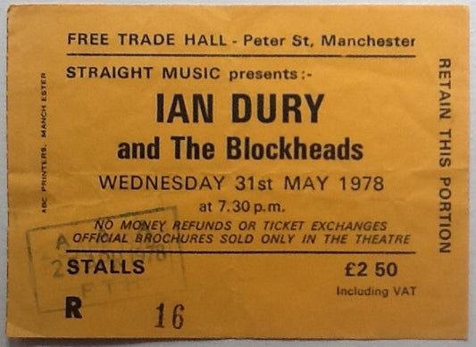 Ian Dury & the Blockheads Original Used Concert Ticket Free Trade Hall Manchester 1978