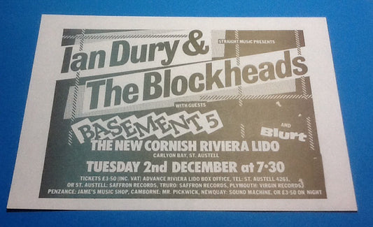 Ian Dury & the Blockheads Original Handbill Flyer New Cornish Riviera Lido St Austell 2nd Dec 1980