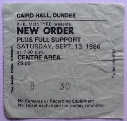 New Order Original Used Concert Ticket Dundee 1986