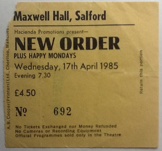 Joy Division New Order Happy Monday’s Original Used Concert Ticket Maxwell Hall Salford 1985