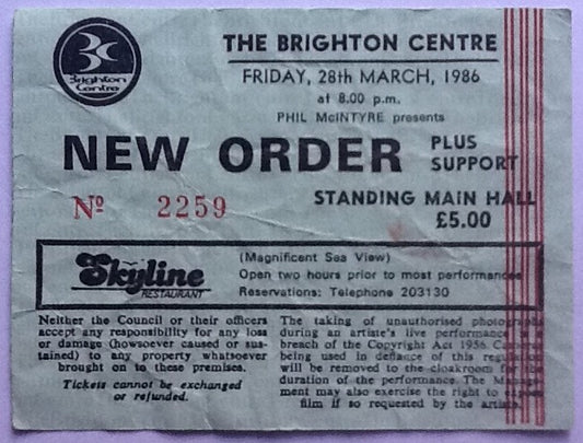 New Order Original Used Concert Ticket Brighton 1986
