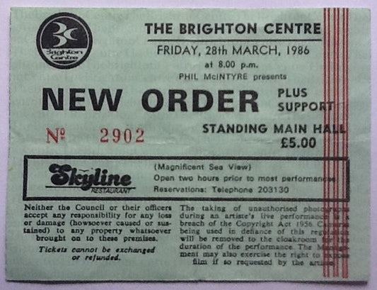 Joy Division New Order Original Used Concert Ticket The Brighton Centre 28th Mar 1986