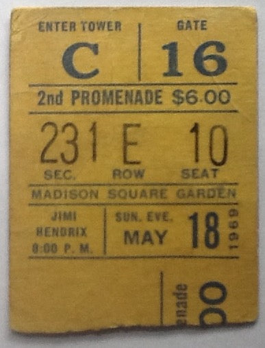 Jimi Hendrix Original Used Concert Ticket Madison Square Garden New York 1969
