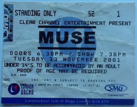 Muse Original Used Concert Ticket London Arena Isle of Dogs 2001