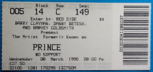 Prince Original Used Concert Ticket Wembley London 8 March 1995