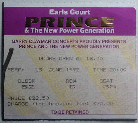 Prince Original Used Concert Ticket Earls Court London 15th June 1992