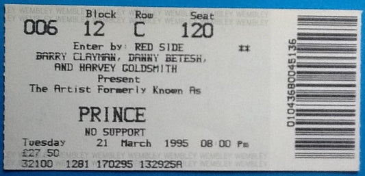 Prince Original Used Concert Ticket Wembley London 21 March 1995