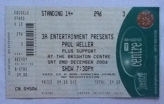 Paul Weller Original Unused Concert Ticket Brighton 2006