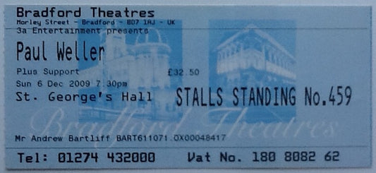 Paul Weller Original Used Concert Ticket St. George's Hall Bradford 6th Dec 2009