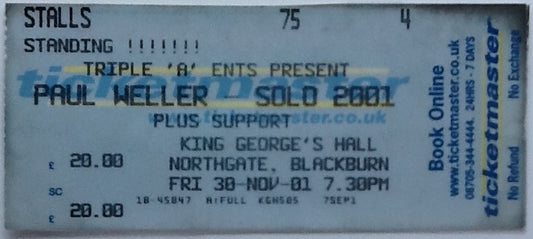 Paul Weller Original Used Concert Ticket King Georges Hall Blackburn 30th Nov 2001