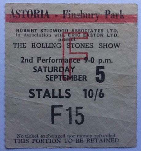 Rolling Stones Original Used Concert Ticket Astoria Finsbury Park London 1964